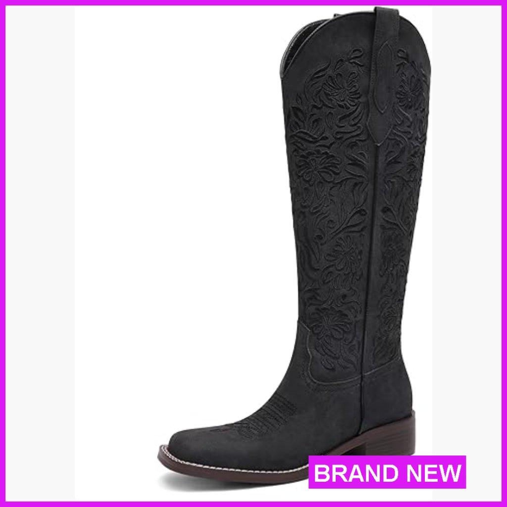 Embroidered Western Knee High Boots Low Heel Square Toe Pull On Cowgirl
